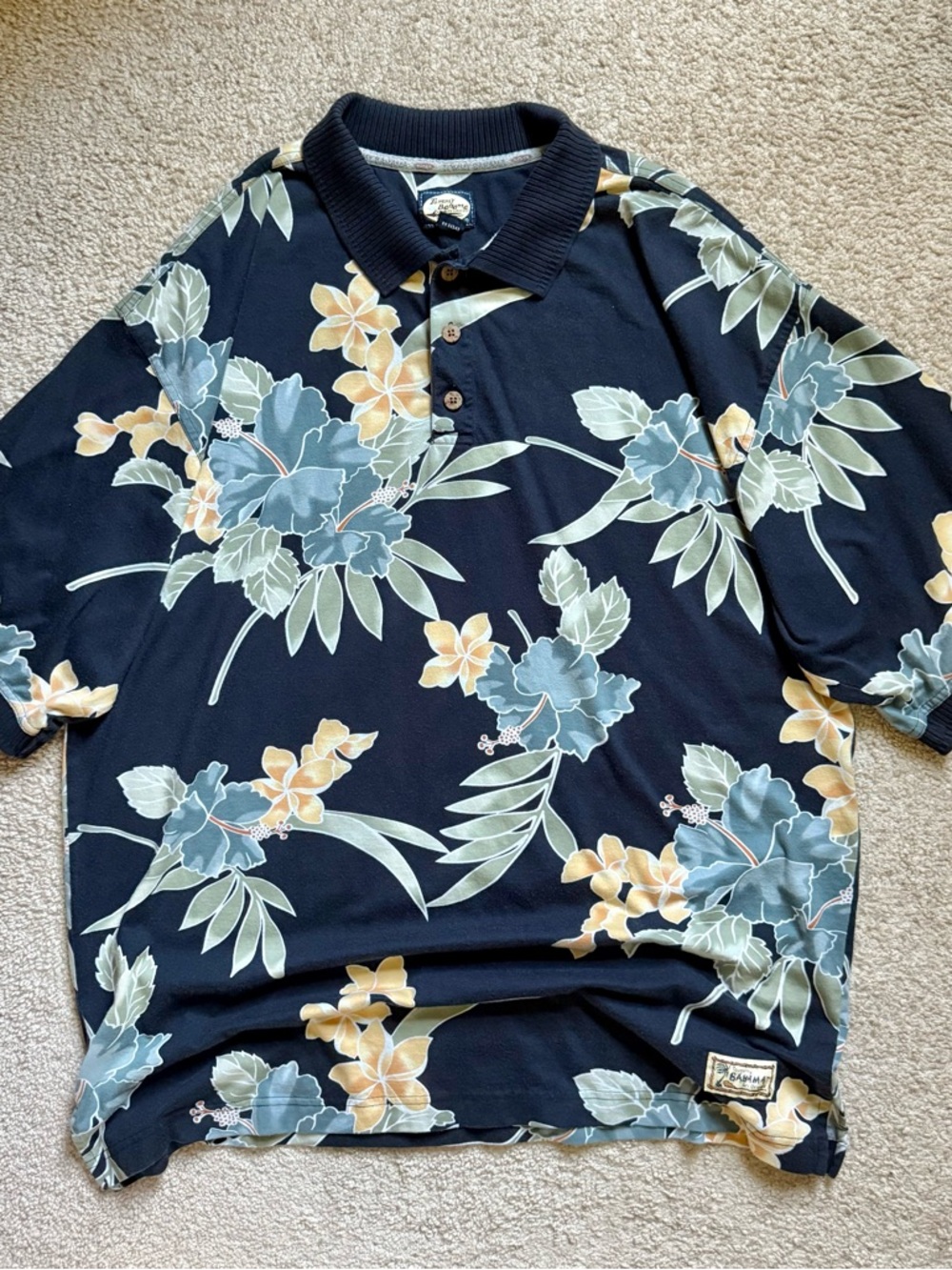 Vintage Tommy Bahama floral Hawaiian polo shirt XL navy blue hibiscus orchids
